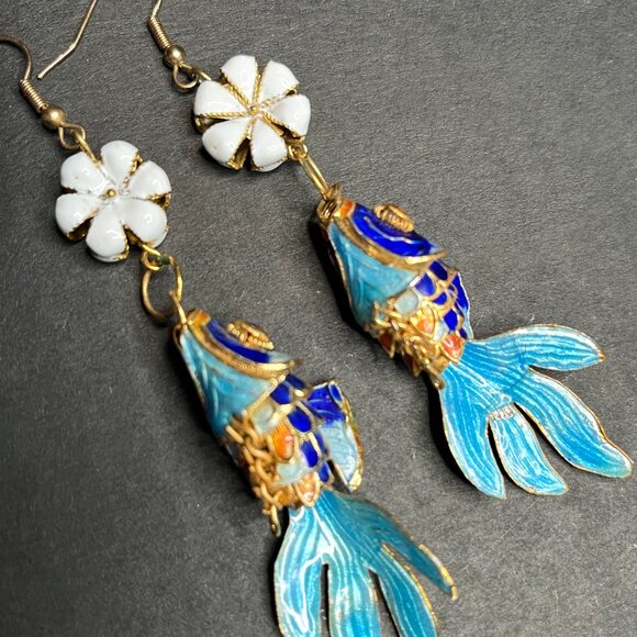 Handmade Vintage Cloisonne Fish Earrings Blue White Long Dangle Faintail Floral - Picture 4 of 9